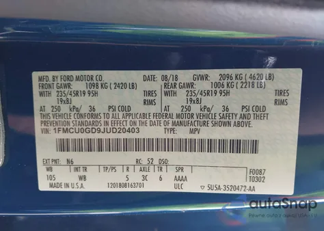 2018 Ford Escape Se from USA, damaged, VIN 1FMCU0GD9JUD20403